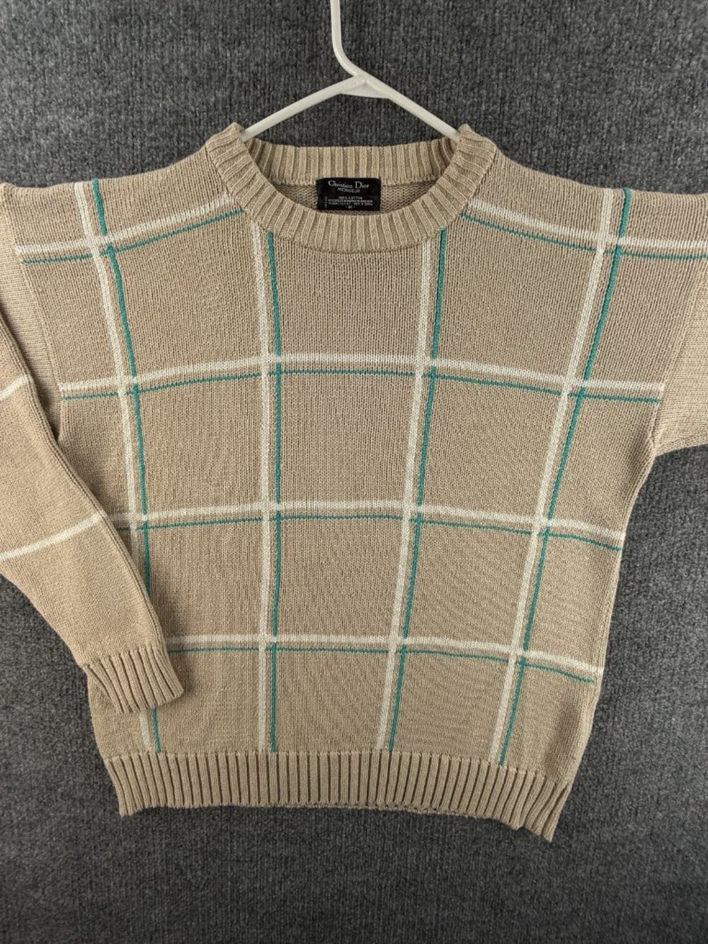 VTG Christian Dior Monsieur Sweater Mens Pullover Beige Check Medium Cotton Knit